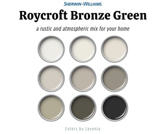 Roycroft Bronze Green Sherwin Williams color palette, 2024 paint colors, home interior and exterior color scheme, rustic, moody, modern hues