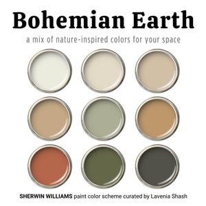 Sherwin Williams Boho-Farbe Farbpalette Boho Earth, Farbschema für Wohnzimmer, Schlafzimmer, Küche, Schränke, Tür, Haus, Mid Century