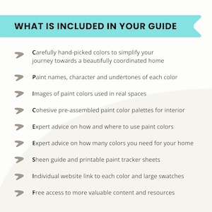 May include: A teal banner with white text reading "WHAT IS INCLUDED IN YOUR GUIDE." Below, a list with bullet points details the guide's contents, including color selection, paint names, images, palettes, expert advice, and website links.