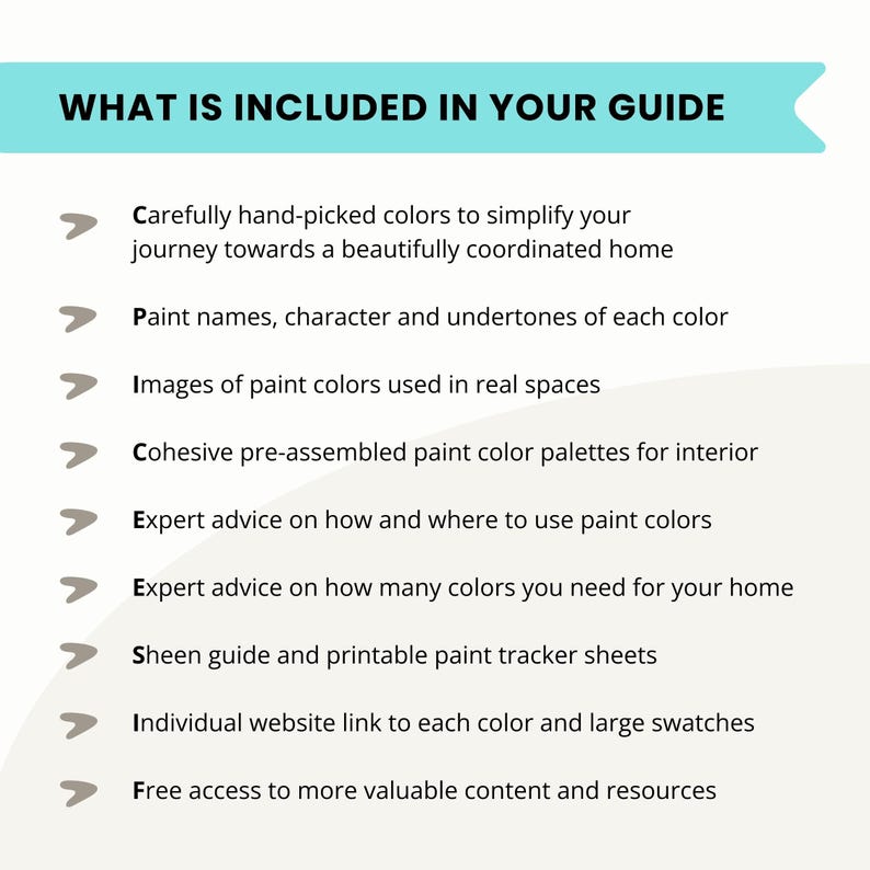 May include: A teal banner with white text reading "WHAT IS INCLUDED IN YOUR GUIDE." Below, a list with bullet points details the guide's contents, including color selection, paint names, images, palettes, expert advice, and website links.