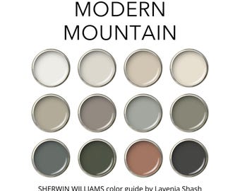 May include: A color palette titled "Modern Mountain" featuring twelve paint samples in various neutral and earthy tones. The samples are arranged in a grid, with a range of colors from light beige to dark gray. The Sherwin Williams color guide is by Lavenia Shash.