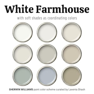 Farmhouse Paint Color Palette, Sherwin Williams White Colors, Modern and Coastal Farmhouse, Beach House, Whole House Interior and Exterior.