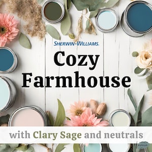 Farmhouse paint colors, Sherwin Williams palette with Clary Sage and neutrals, Coastal farmhouse, Modern farmhouse, Beach house, Whole house