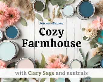 Farmhouse paint colors, Sherwin Williams palette with Clary Sage and neutrals, Coastal farmhouse, Modern farmhouse, Beach house, Whole house