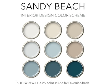 May include: A color palette titled "Sandy Beach" with nine paint samples in various shades of white, beige, and blue. The text "Interior Design Color Scheme" is above the paint samples. The Sherwin Williams color guide is by Lavenia Shash.