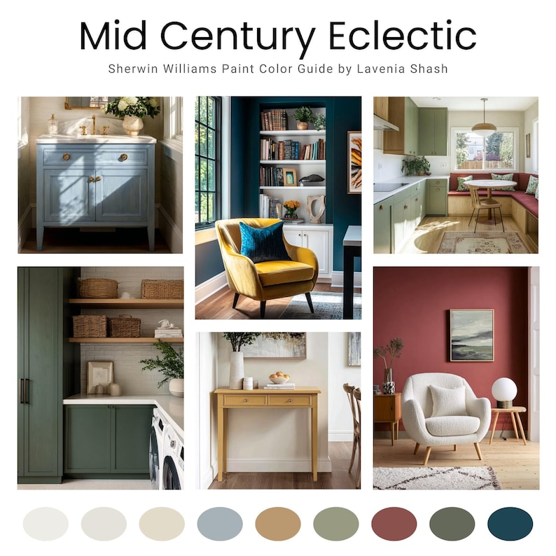 A Mid-Century Modern and Eclectic color palette with Sherwin Williams paint colors. Includes coordinating and accent colors with whites, brown, red, blues, greens and neutrals. Curated by Colors by Lavenia on Etsy.
