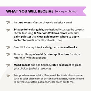 May include: A graphic with the text "WHAT YOU WILL RECEIVE (upon purchase)". The text lists items such as instant access, a full-color guide, links to articles, a Pinterest library, mood boards, and post-purchase color advice.