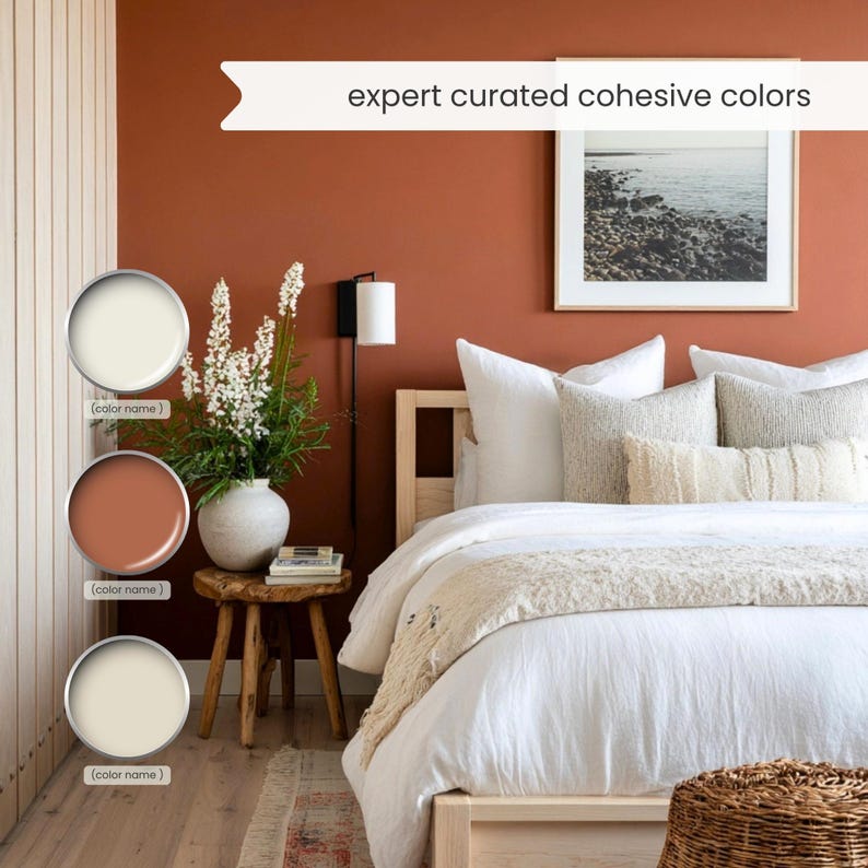 A Bohemian color palette with Sherwin Williams paints. The Boho color scheme includes white, neutrals and earth tones with greens and browns. Curated and designed by Colors by Lavenia on Etsy.