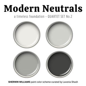Sherwin Williams Modern Neutrals paint color palette with Iron Ore, white and cool gray, house living room, kitchen cabinets, bedroom walls