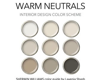 Warm neutrals color palette with Sherwin Williams Accessible Beige, Shoji White paint colors, whole house interior color scheme, living room