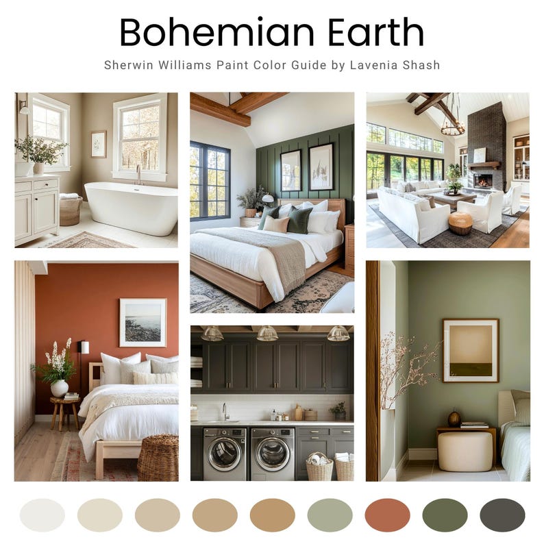 A Bohemian color palette with Sherwin Williams paints. The Boho color scheme includes white, neutrals and earth tones with greens and browns. Curated and designed by Colors by Lavenia on Etsy.