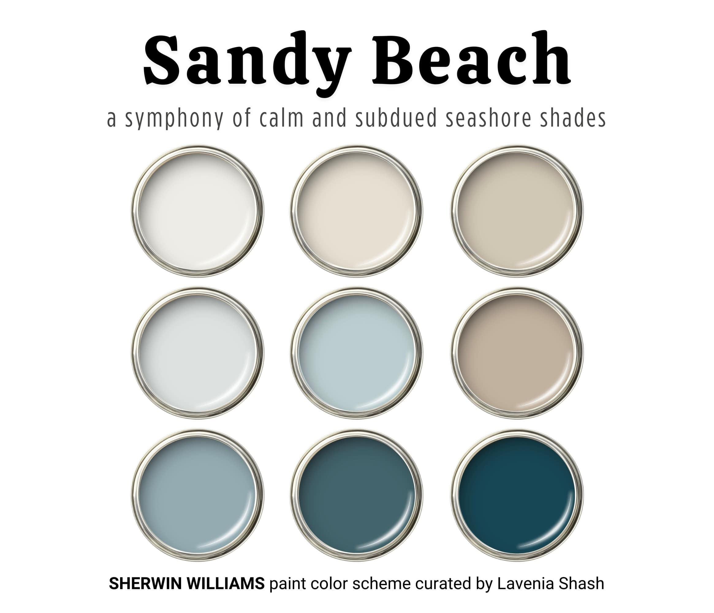 Sherwin Williams Beach House Paint Color Palette: Calm Coastal Farmhouse, Modern Farmhouse - White, Blue and Neutral - Whole House Interior.
