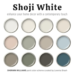 Shoji White color palette, Sherwin Williams whole house paint palette, best selling white and warm neutral interior wall and cabinet colors.