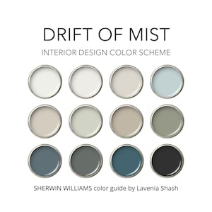 Könnte beinhalten: Eine Farbpalette mit dem Titel "Drift of Mist" für die Innenarchitektur. Das Bild zeigt zwölf Farbmuster in runden Metallbehältern. Die Farben reichen von Weiß und Hellblau bis Grau und Dunkelblau, mit dem Sherwin Williams Farbführer von Lavenia Shash.