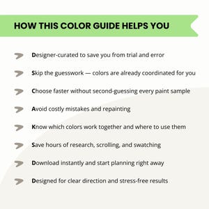 May include: A graphic with the text "HOW THIS COLOR GUIDE HELPS YOU" in a green banner. Below, bullet points detail the guide's benefits, including saving time, avoiding mistakes, and providing clear direction for color selection.