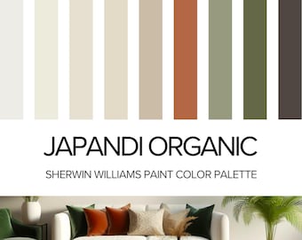 May include: A paint color palette labeled "Japandi Organic" by Sherwin Williams. The palette features vertical color swatches in shades of white, beige, brown, and green. A sofa with colorful pillows and a green armchair are in the background.