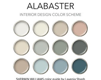 Puede incluir: Una paleta de colores titulada "ALABASTER" para diseño de interiores, con doce muestras de pintura en recipientes metálicos redondos. Los colores van del blanco y beige al azul y turquesa. La guía de colores Sherwin Williams es de Lavenia Shash.