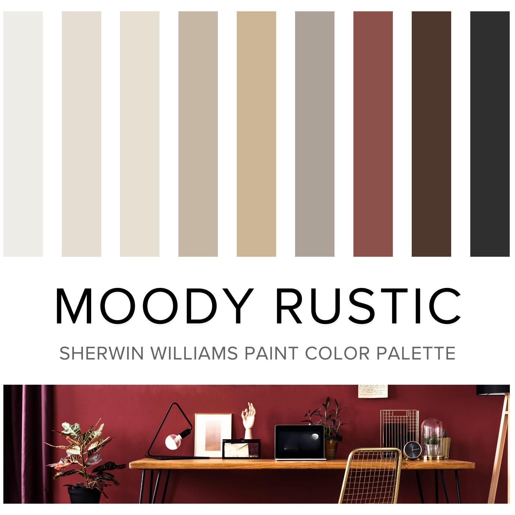Moody Rustic Color Palette: Sherwin Williams Home Paint Scheme - Warm Boho Earthy Organic Neutrals with Crimson Red for Whole House Interior
