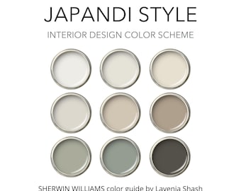 May include: A color palette for interior design in the Japandi style. Nine paint color samples in circular metal containers are arranged in a grid. The colors range from white and beige to gray and dark green. Text at the top reads "Japandi Style".