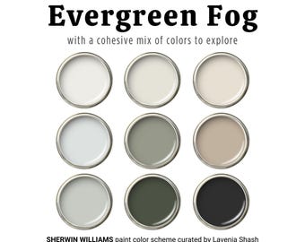 Evergreen Fog Color Palette: Sherwin Williams Home Paint Scheme - Whole House Interior - Farmhouse & Cottage - SW Best Selling Modern Green.