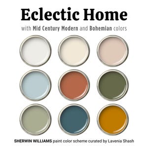 Eclectic paint palette, Sherwin Williams colors, Mid Century Modern and Boho colors for living room, kitchen cabinet, accent wall & bedroom.