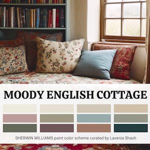 English Cottage Color Palette: Sherwin Williams Moody Paint Scheme For Whole House Interior - French Country, Cottagecore, Cozy Farmhouse.