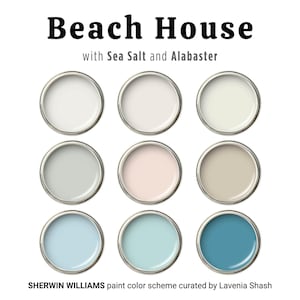Beach house paint color palette, Sherwin Williams Sea Salt and Alabaster scheme ideas for whole house, calm coastal farmhouse, lake house