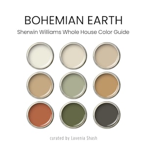 A Bohemian color palette with Sherwin Williams paints. The Boho color scheme includes white, neutrals and earth tones with greens and browns. Curated and designed by Colors by Lavenia on Etsy.