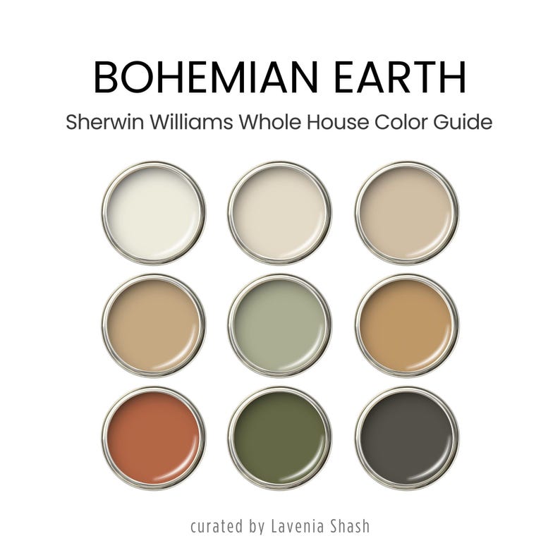 A Bohemian color palette with Sherwin Williams paints. The Boho color scheme includes white, neutrals and earth tones with greens and browns. Curated and designed by Colors by Lavenia on Etsy.