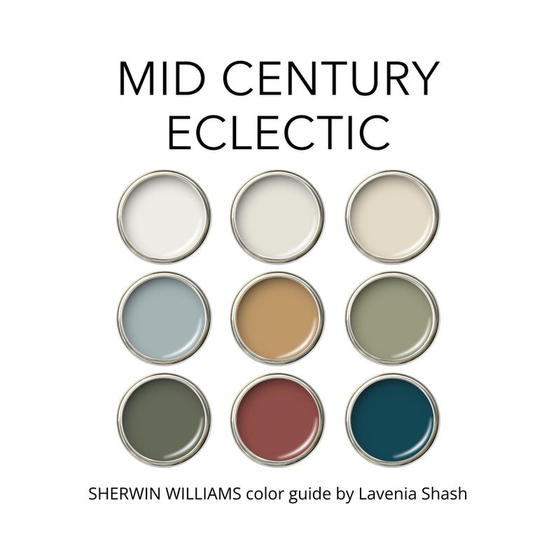 A Mid-Century Modern and Eclectic color palette with Sherwin Williams paint colors. Includes coordinating and accent colors with whites, brown, red, blues, greens and neutrals. Curated by Colors by Lavenia on Etsy.