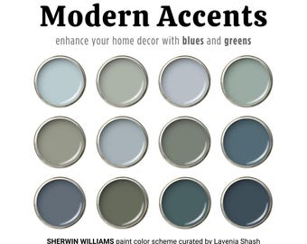 Sherwin Williams modern blue and green paint color palette, accent for living room, bedroom, kitchen cabinet, coastal farmhouse, beach house