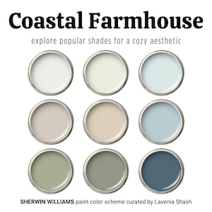Coastal Farmhouse Paint Color Palette: Sherwin Williams Whole House Interior - Cozy Cottage, Beach House - White, Beige, Greige, Green, Blue