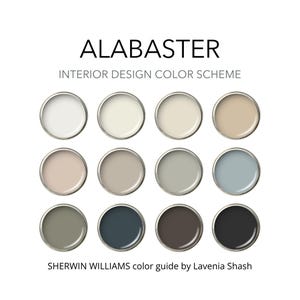 Alabaster Color Palette: Sherwin Williams Whole House Interior Paint Scheme - Modern, Timeless, Bestselling White.
