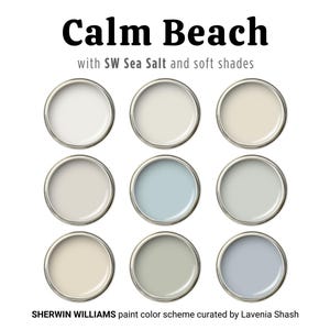 Sherwin Williams Beach House Color Palette With SW Sea Salt - Calm Coastal Farmhouse Interior - Whole House White, Blue & Green Paint Scheme