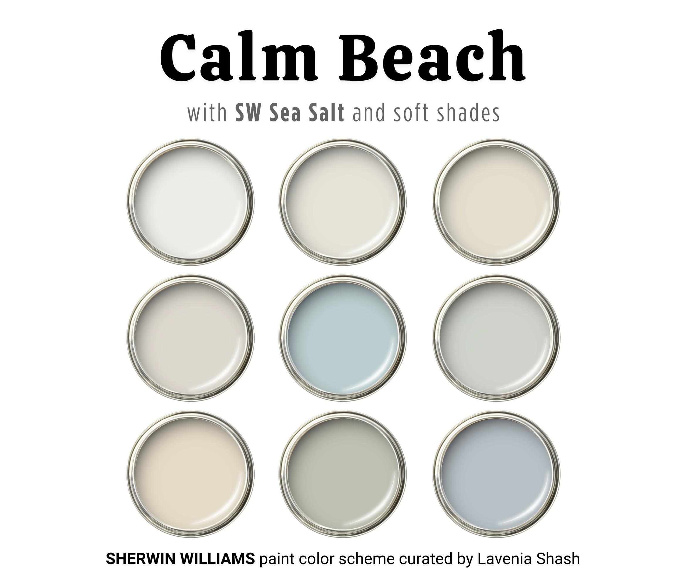 Sherwin Williams Beach House Color Palette With SW Sea Salt - Calm Coastal Farmhouse Interior - Whole House White, Blue & Green Paint Scheme
