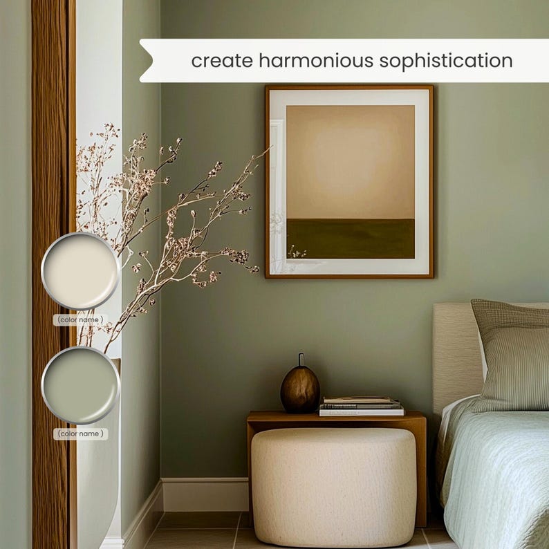 A Bohemian color palette with Sherwin Williams paints. The Boho color scheme includes white, neutrals and earth tones with greens and browns. Curated and designed by Colors by Lavenia on Etsy.