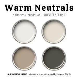 Warm neutrals color palette with Sherwin Williams paint colors, white, greige, whole house interior, living room, kitchen cabinets, bedroom