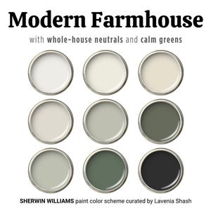 Sherwin Williams Modern Farmhouse Paint Color Palette with City Loft: Whole House Interior Green Scheme - Calm Lake House, Country Cottage.