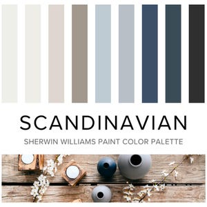 Scandinavian Color Palette: Sherwin Williams Whole House Paint Palette, Modern Minimalist Home Interior Scheme with Blue, Black and Neutrals