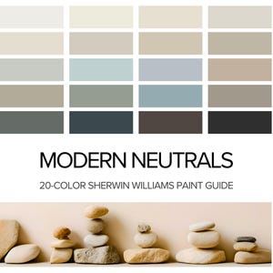 Op de afbeelding: Een kleurengids met 20 neutrale kleuren van Sherwin Williams. De kleurstalen zijn gerangschikt in rijen en kolommen, met een reeks beige, grijze en blauwgrijze tinten. De tekst "MODERN NEUTRALS" en "20-COLOR SHERWIN WILLIAMS PAINT GUIDE" is zichtbaar.