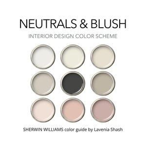 Puede incluir: Una guía de paleta de colores titulada "Neutrals & Blush" para diseño de interiores. Nueve muestras de pintura en recipientes metálicos están dispuestas en una cuadrícula de 3x3. Los colores van del blanco y crema al rosa rubor y gris oscuro. La guía es de Sherwin Williams.