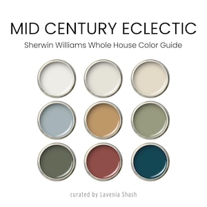 A Mid-Century Modern and Eclectic color palette with Sherwin Williams paint colors. Includes coordinating and accent colors with whites, brown, red, blues, greens and neutrals. Curated by Colors by Lavenia on Etsy.