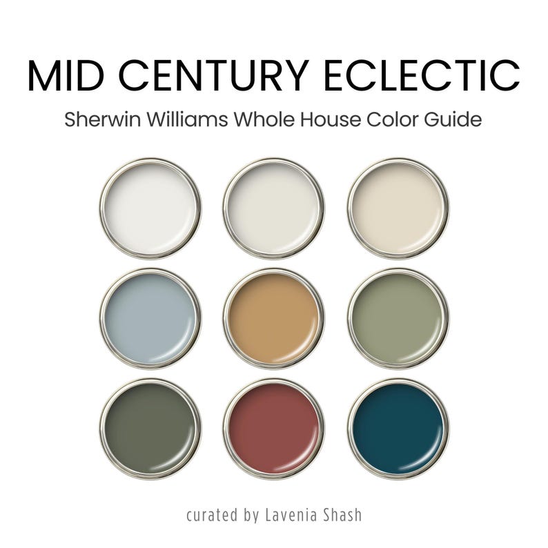 A Mid-Century Modern and Eclectic color palette with Sherwin Williams paint colors. Includes coordinating and accent colors with whites, brown, red, blues, greens and neutrals. Curated by Colors by Lavenia on Etsy.