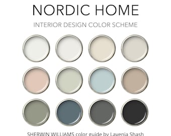 Puede incluir: Una paleta de colores para diseño de interiores, con doce muestras de pintura en varios tonos neutros y apagados. La imagen incluye el texto "NORDIC HOME" y "INTERIOR DESIGN COLOR SCHEME". La guía de colores Sherwin Williams es de Lavenia Shash.