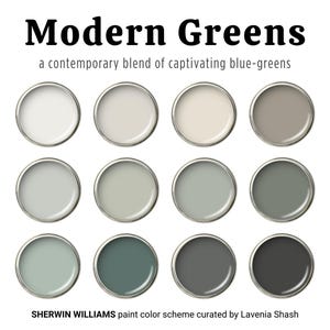 Sherwin Williams color palette with greens and neutrals for whole house interior and exterior, modern farmhouse paint palette, accent walls.