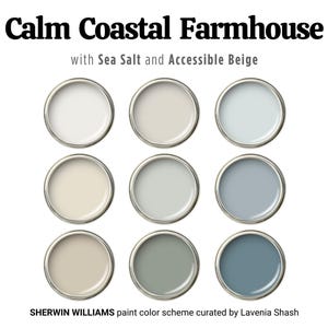 Calm coastal colors, coastal farmhouse paint, Sherwin Williams Sea Salt and Drift Of Mist, Accessible Beige, Modern palette, Beach House.