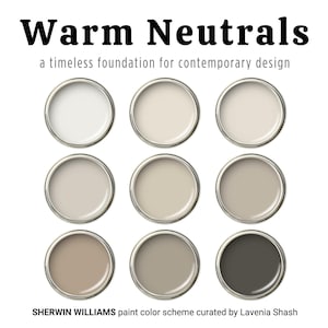 Warm neutrals color palette with Sherwin Williams Accessible Beige, Shoji White paint colors, whole house interior color scheme, living room