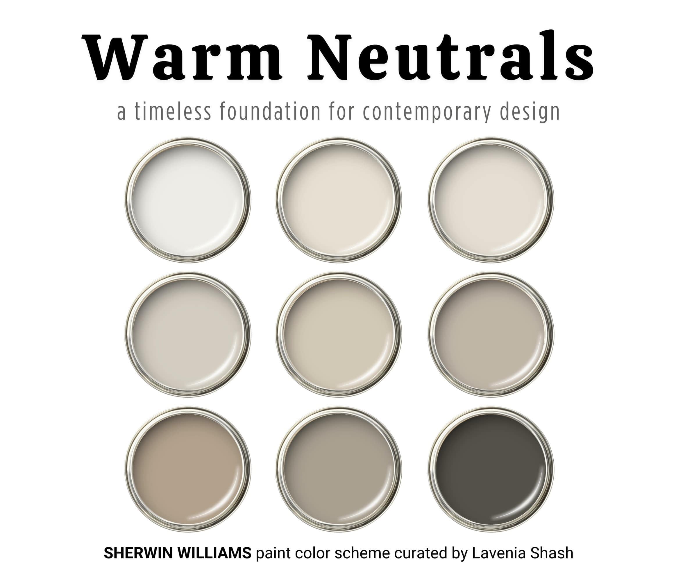 Warm neutrals color palette with Sherwin Williams Accessible Beige, Shoji White paint colors, whole house interior color scheme, living room
