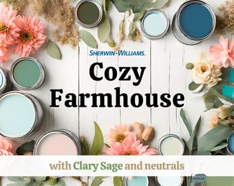 Farmhouse paint colors, Sherwin Williams palette with Clary Sage and neutrals, Coastal farmhouse, Modern farmhouse, Beach house, Whole house