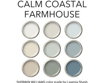 Calm Coastal Farmhouse: Sherwin Williams Color Palette - Home Interior Paint Guide - SW Sea Salt - Beach House, Cottage.